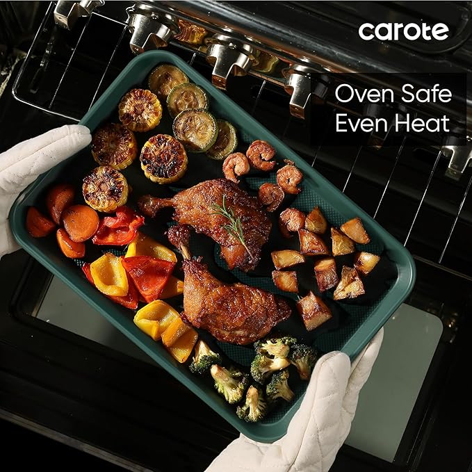 CAROTE 3-Piece Baking Pan Set - Bakeware Set, Baking Sheet Set Including 13 Inch 15 Inch 17 Inch Sheet Pan, Cookie Sheet for Baking, Deep Olive Green