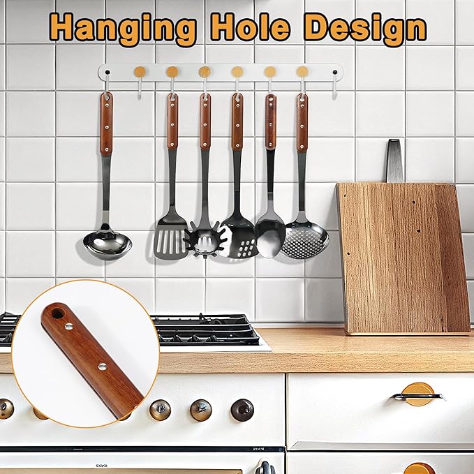 Stainless Steel Mirror Polished Kitchen Utensils Set - 6pcs Cooking Utensils Set with Wooden Handle, Heat Resistant Kitchen Tool Set for Cooking with Turners,Spatula,Ladle,Skimmer,Solid Spoon,Pasta
