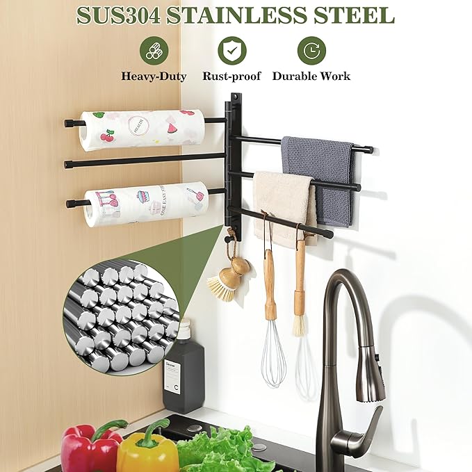 Alise Swivel Towel Rack, SUS304 Stainless Steel 6 Arms Towel Bar, Space Saving Swing Out Towel Bar with Hook, Towel Racks Wall Mounted for Bathroom, Matte Black