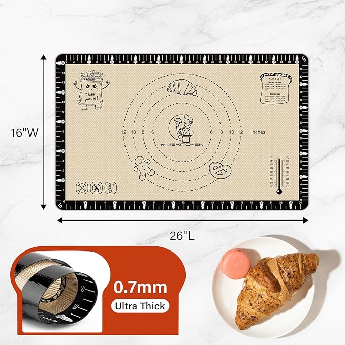 Silicone Baking Mat with Recipes, Silicone Mat for Baking Macaron, Bread, Pizza, Extra Thick Silicone Baking Mat with Measurement, Non Stick Pastry Mat for Dough Rolling Out
