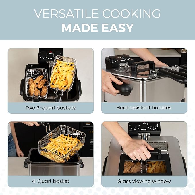 Alpha Living Electric Deep Fryer – 4.5L Deep Fryer with Basket with 2-Quart and 4-Quart Baskets – High-Grade Stainless Steel – Temperature Control and Timer – Ideal for Fried Chicken, Fries