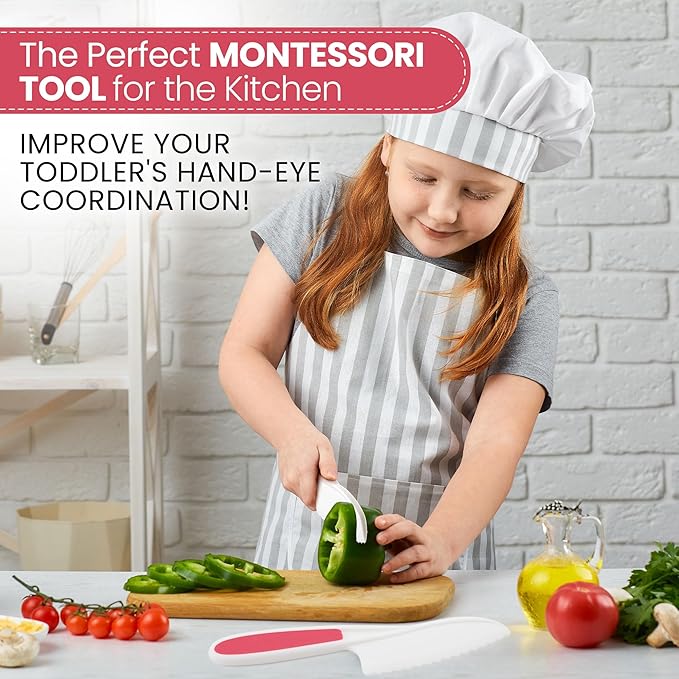 Zulay 3-Piece Kids Knife Set for Real Cooking & Baking - Toddler Knives for Cutting Fruits, Veggies, & Cake - Children’s Montessori Knive with Serrated Edges - Safe & Fun Lettuce Knife (Hot Pink)