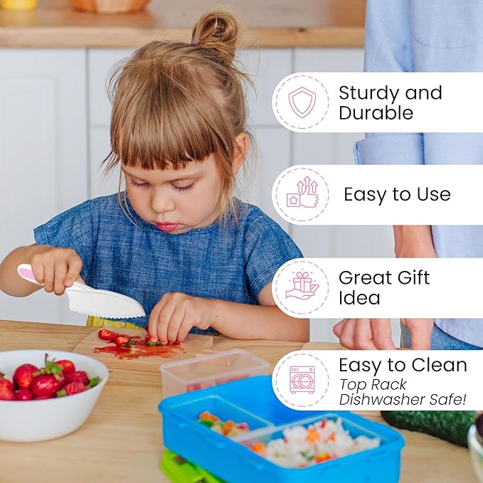 Zulay 3-Piece Kids Knife Set for Real Cooking & Baking - Toddler Knives for Cutting Fruits, Veggies, & Cake - Children’s Montessori Knife with Serrated Edges - Safe & Fun Lettuce Knife (Pink)