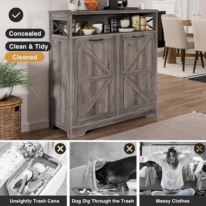 Befrases Tilt Out Trash Can Cabinet for 13 * 1 Gallon Trash Can, Farmhouse Kitchen Island Cabinet with Adjustable Shelf for Hidden Laundry Basket, Dog Proof Garbage Can for Dining Living Room, Grey