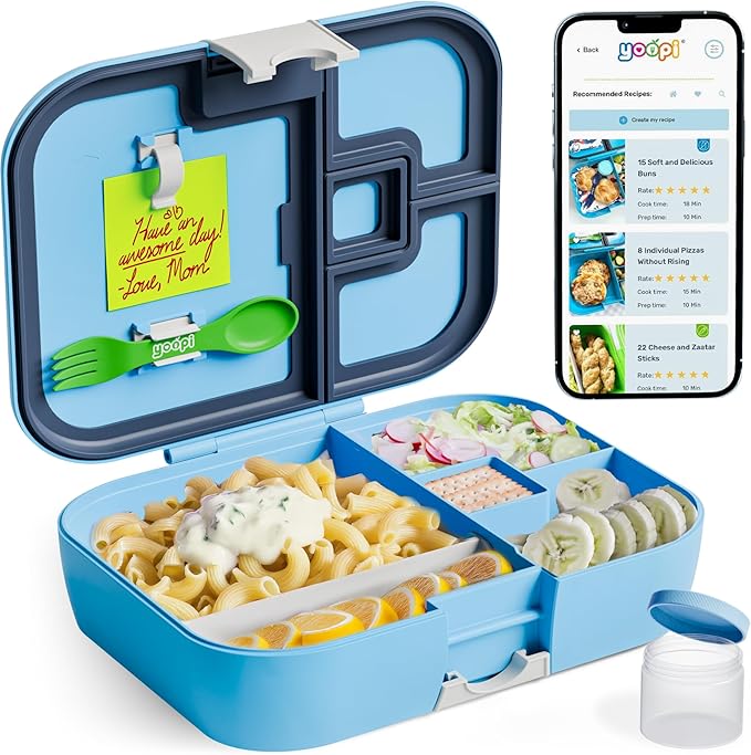YOOPI Lunch Boxes for Kids–Toddler Bento Box with 4 Leakproof Compartment Food Bentobox Container,Lunch Box for School with Lunchbox Containers, Lightweight Sandwich Box & Snack Box (Sky Blue)