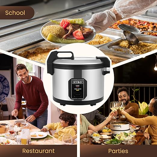 SYBO Commercial Rice Cooker and Warmer, 60 Cups Cooked (30 Cup Uncooked) Large Rice Cooker with Hinged Lid, Non-Stick Insert Pot, Stainless Steel Exterior
