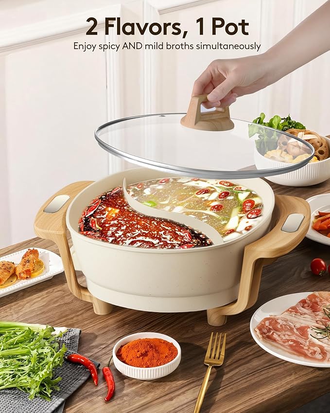 Hot Pot Electric Hot Pot with Divider, Large 6L Nonstick Dual-Sided Shabu Shabu Pot Dual-Flavor hotpot electric 1500W with Adjustable 5-Temperature Control ，Perfect for Family Dinners & Parties