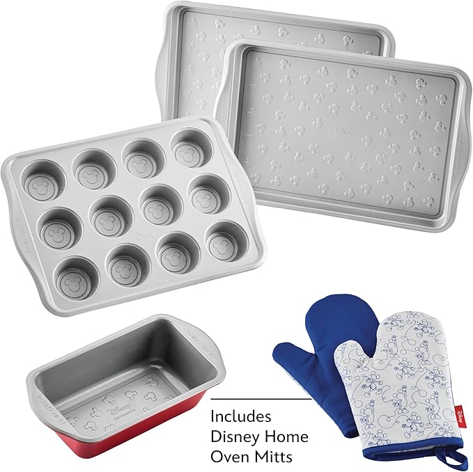 Farberware Disney Bake with Mickey Mouse Nonstick Bakeware Set/Baking Pans with Disney Home Oven Mitts, Cookie Pans, Muffin/Cupcake and Loaf Pan, 6 Piece Non Stick Bakeware Set - Red