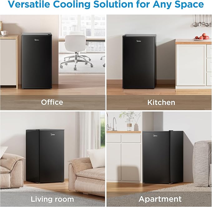 Midea MERM33S1ABB Mini Fridge, 3.3 Cu.ft Compact Fridge with Internal Light, Adjustable Thermostat, Reversible Door, Low Noise for Dorm, Office, Bedroom Black