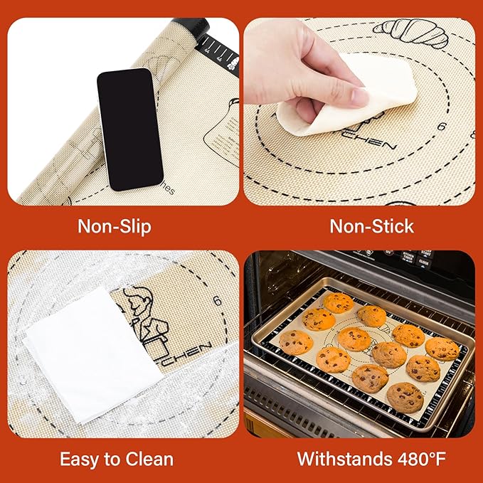 Silicone Baking Mat with Recipes, Silicone Mat for Baking Macaron, Bread, Pizza, Surdough, Silicone Baking Mat with Measurement, Non Stick Pastry Mat for Dough Rolling