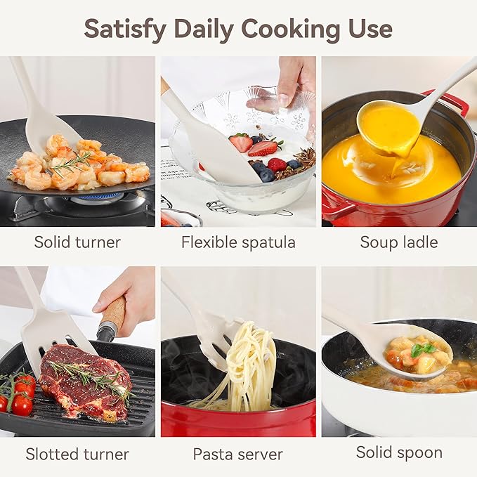 Kitchen Utensils Set, Large Non-stick Silicone Cooking Utensils Set 6 Pcs, Wooden Handle Heat Resistance Silicone Spatula Soup Ladle Pasta Server Kitchen Gadgets Utensils Set BPA Free (Khaki)
