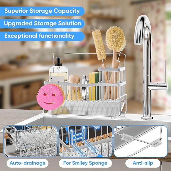 Sponge Holder for Kitchen Sink 304 Stainless Steel Self-Draining Sink Caddy with Smiley Face Sponge and Brush Holder Towel Bar and Divider Kitchen Gadgets Organizer for Countertop, Silver
