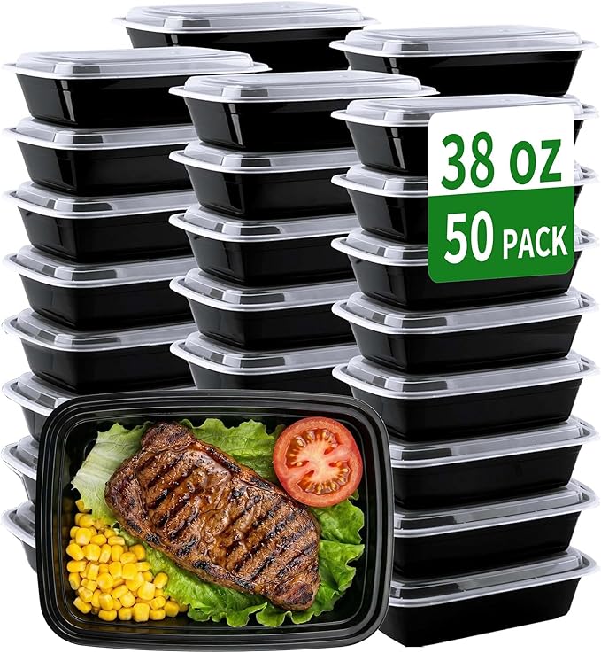 Meal Prep Containers, 50 Pack 38oz (100-Piece) Extra Thick Disposable Take Out Food Storage Containers with Lids, Large Plastic To Go Lunch Boxes, BPA Free, Microwave/Dishwasher/Freezer Safe