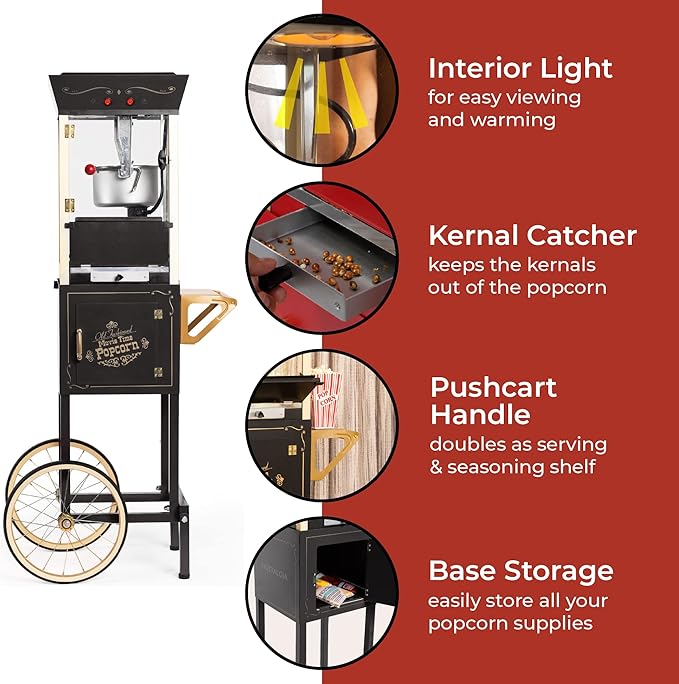 Nostalgia Popcorn Maker Machine - Professional Cart With 8 Oz Kettle Makes Up to 32 Cups - Vintage Popcorn Machine Movie Theater Style - Black