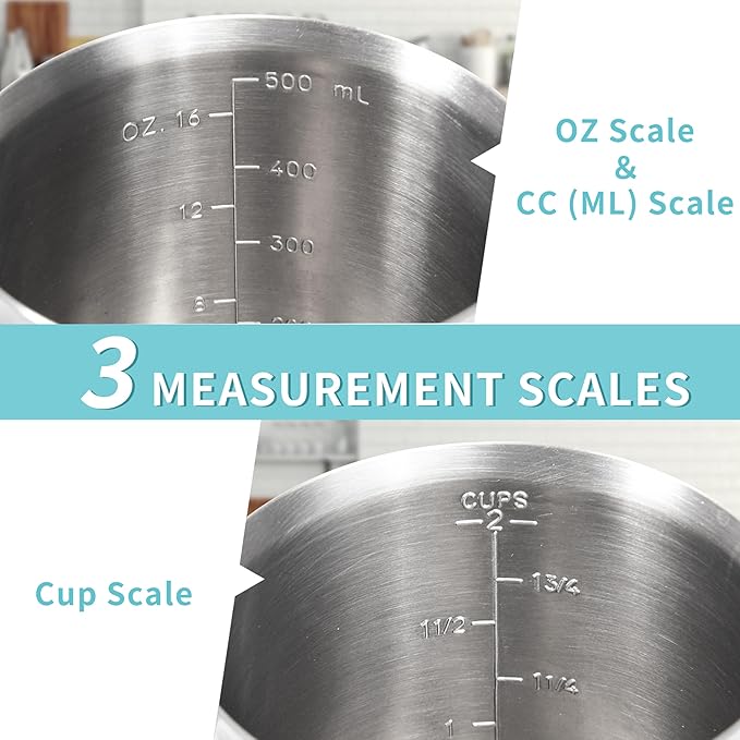 Newness 3-Pack Stainless Steel Measuring Cups Set, (3 Marking Including Cup/ML/Oz Scale) (2, 3 & 4 Cup) Metal Measuring Cup with Handle For Prepping, Baking and Cooking, Dishwasher, Microwave Safe