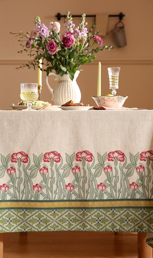 patdrea Designer Vintage Linen Long Rectangle Table Cloth,Floral Leaves Pattern Anti-Wrinkle Green Tablecloth,Decor Table Cover for Kitchen Dining Christmas,Party,Thanksgiving,55"x79"-Cecilia D