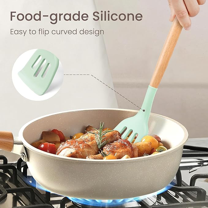 26 Pcs Silicone Cooking Utensils Set with Holder, BPA Free Kitchen Utensils Set for Cooking, 446°F Spatulas Silicone Heat Resistant Wooden Handle Spoon Tongs Non-stick Kitchen Gadgets (Light Green)