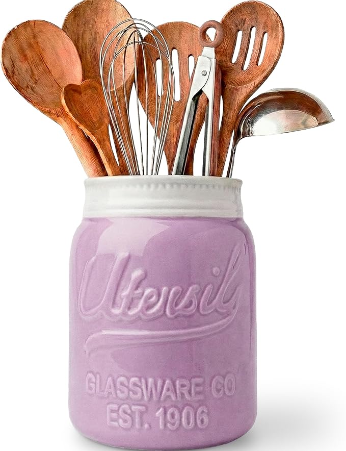 Comfify Wide Mouth Mason Jar Utensil Holder Decorative Kitchenware Organizer Crock, Dishwasher Safe - Kitchen Caddy Purple, Large Size 7" Hight