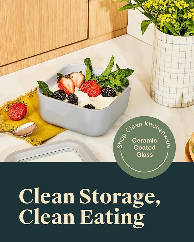 Caraway 6pc Glass Food Storage Set – 4.4 Cup Food Containers (6) - Ceramic Coated - Non Toxic, Non Stick with Lids - Microwave Safe - Mist