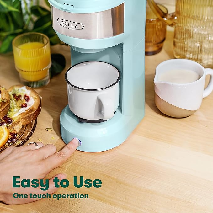 BELLA Dual Brew Single Serve Coffee Maker, Brews both Kcup and Ground Coffee, Large 14oz Capacity, Easy One Touch, Auto Shutoff, Aqua