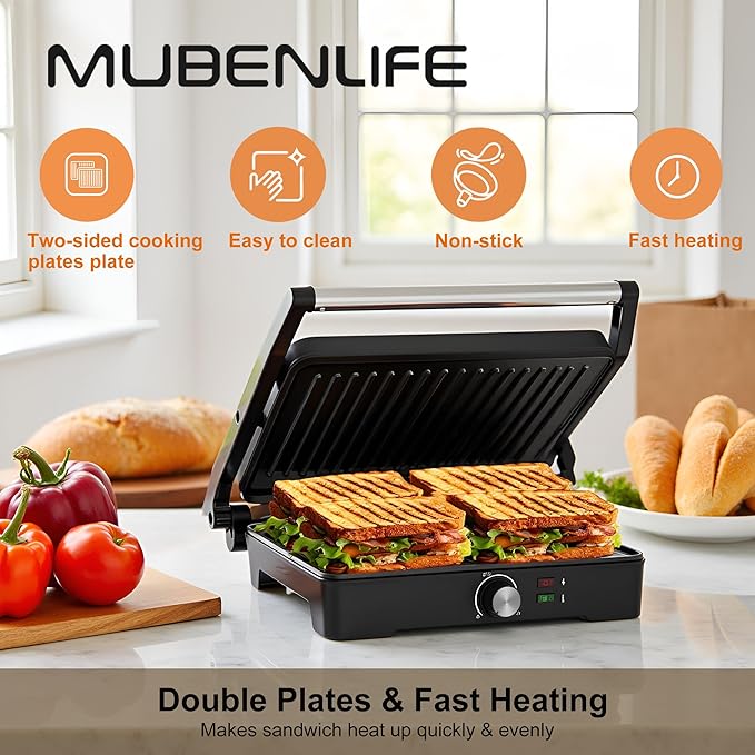 Panini Press,Sandwich Press Grill,180 Degree Open,Perfect for Grilling Sandwich,Steak,Burger,Non-Stick Grill,Table Grill,Stainless Steel,Temperature Adjustable,4 Slice,Barbecue,GT49A