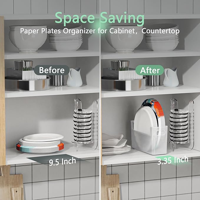 3Pcs Paper Plate Dispenser for 6-9.5 Inch Disposable Plates, Space-Saving Plastic, Foam and Paper Plate Storage Organizer for Cabinet, Countertop, RV or Outdoor (Transparent)