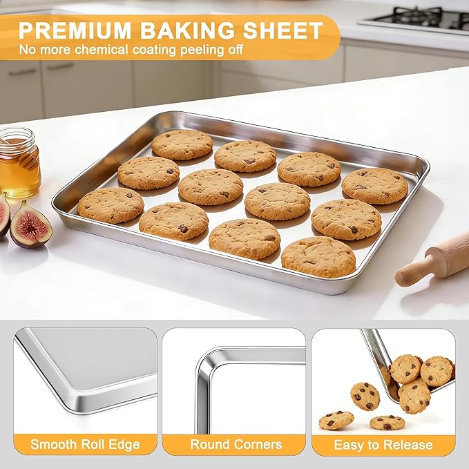 Onader Baking Sheet Set of 2, 12.5" x 9.7" Food-Grade Stainless Steel Quarter Sheet Pans for Baking, Metal Cookie Toaster Oven Pan Tray, Heavy Duty & Dishwasher Safe