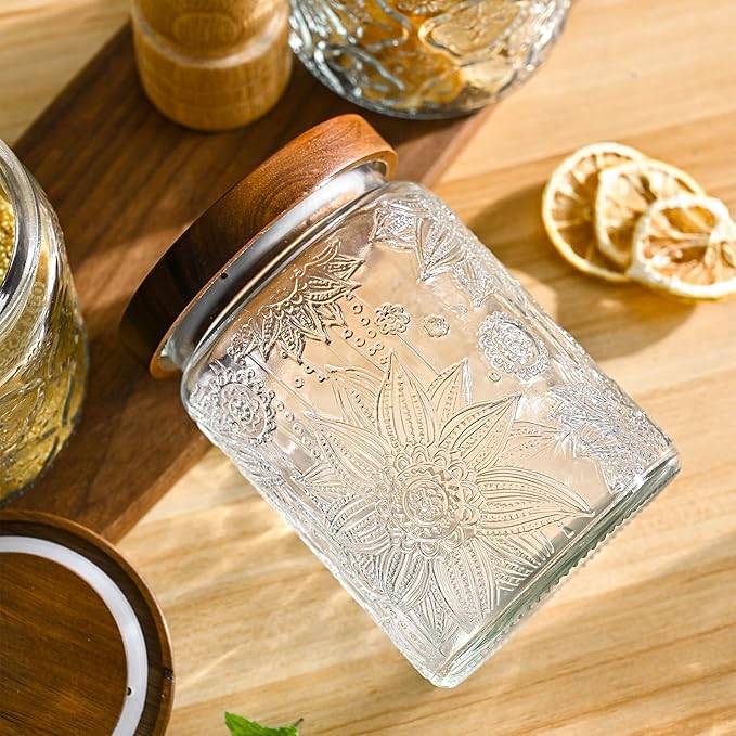Adodeen 24oz Vintage Glass Canister With Lid Small Glass Jars Wide Mouth Mason Jars Airtight Coffee Canisters Kitchen Storage Containers For Sugar Tea Spice Flour Candy Cookie Cereal Cute Decorative