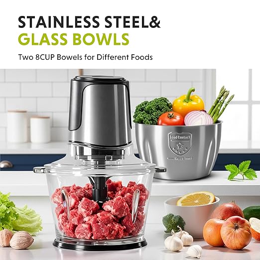 Simple Deluxe 450W Food Processor, Electric Food Chopper with 2x8 Cup Bowls & 2 Bi-Level Blades, Small Food Chopper Meat Grinder for Nuts, Fruits, Veggies, Baby Food & More
