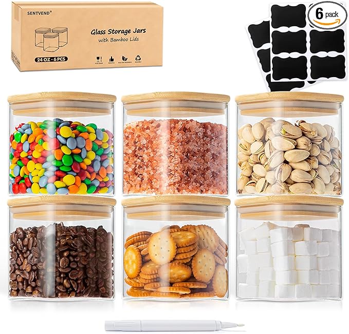 SENTVEND 24 Oz Glass Storage Jars with Bamboo Lids - 6 Pack Clear Glass Canisters Square Airtight Stackable Ideal for Pantry Storage Containers Organizers Great for Storing Oats Coffee Beans Nuts etc