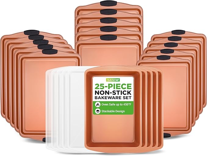 NutriChef 25-Piece Baking Pan Set, Nonstick Carbon Steel Bakeware, Includes 15 Cookie Sheets (3 Each 13", 17", 15") with Silicone Handles, 5 Rectangular Pans with Plastic Lids, PFOA/PFOS/PTFE Free