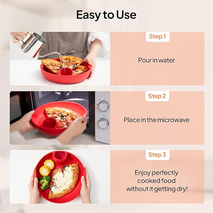 Longtail Company Microwave Steamer Bowl – BPA-Free Silicone Cooking Tray with Water Hole | Steam & Reheat Without Lid | Dishwasher Safe | Defrost, Reheat, Steam Veggies, Pizza, Meals | 9.6in - RED