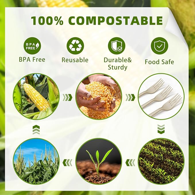 300 Count Compostable Forks, Light Brown Disposable Forks, Heavy Duty No Plastic Silverware, Compostable Utensils for Party, Eco Friendly & Heat Resistant