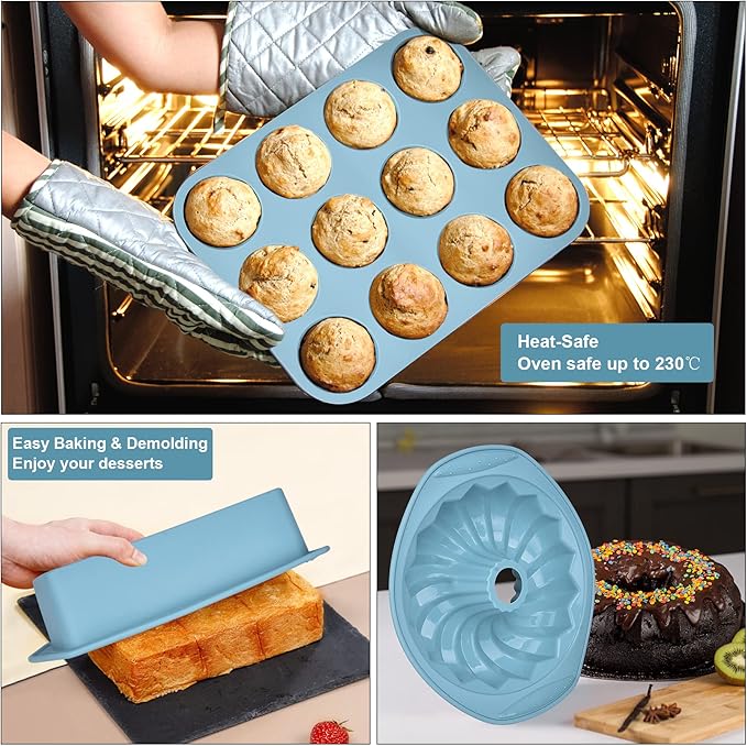 Nonstick Silicone Baking Mat Set, 9-in-1 Heat Resistant Cookie Sheet & Cake Pan Molds for Muffin, Loaf, Pizza, Cheesecake, Cupcake, Pie - Oven Bakeware Tools Kit
