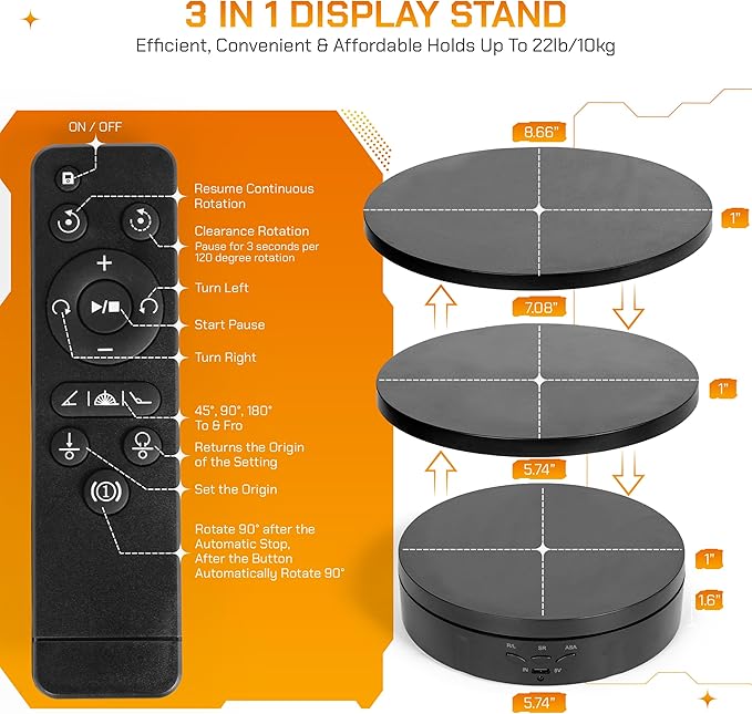 Remote control Motorized Rotating Display stand - 360° Electric Rotating Platform | 3-in-1 Sizes - 5.74", 7.08" and 8.66" Replacement Covers - Rechargeable Turn Table - Live Streaming & Photography