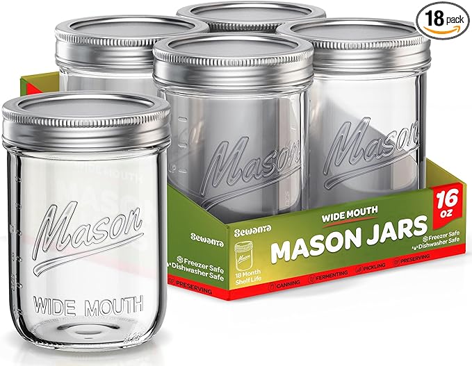 SEWANTA Wide Mouth Mason Jars 16 oz [18 Pack] With Mason Jar Lids and Bands, Mason Jars 16 oz - For Canning, Fermenting, Pickling - Jar Décor - Microwave/Dishwasher Safe.