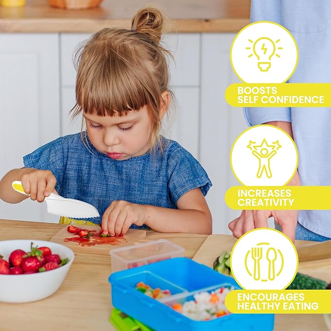 Zulay 3-Piece Kids Knife Set for Real Cooking & Baking - Toddler Knives for Cutting Fruits, Veggies, & Cake - Children’s Montessori Knife with Serrated Edges - Safe & Fun Lettuce Knife (Yellow)