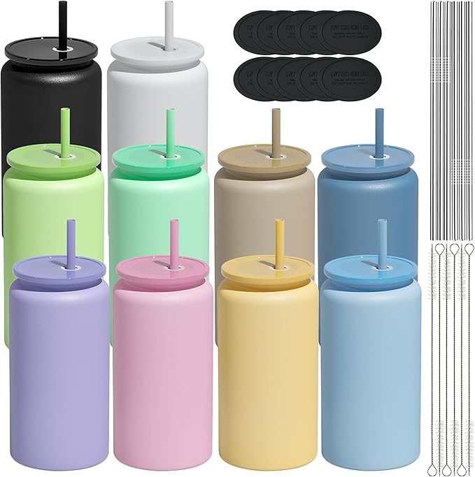 10Pack Glass Cups with Lids and Straws, 16oz Stainless Steels Cups, Beer Cups, Iced Coffee Cups, Smoothie Cups, Drinking Cups, Green (Textured Matte Finish, Not Sublimatable)