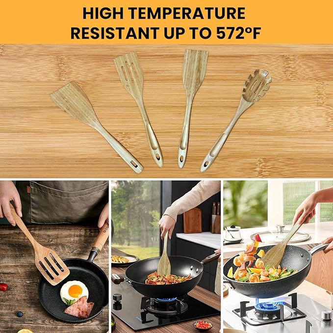 GEEKHOM Bamboo Spatulas for Nonstick Cookware, 13 Inch Wooden Kitchen Utensils, 4 Pack Wooden Spatula for Cooking, Slotted Wok Turners, Flipper for Pancake, Fish, Egg