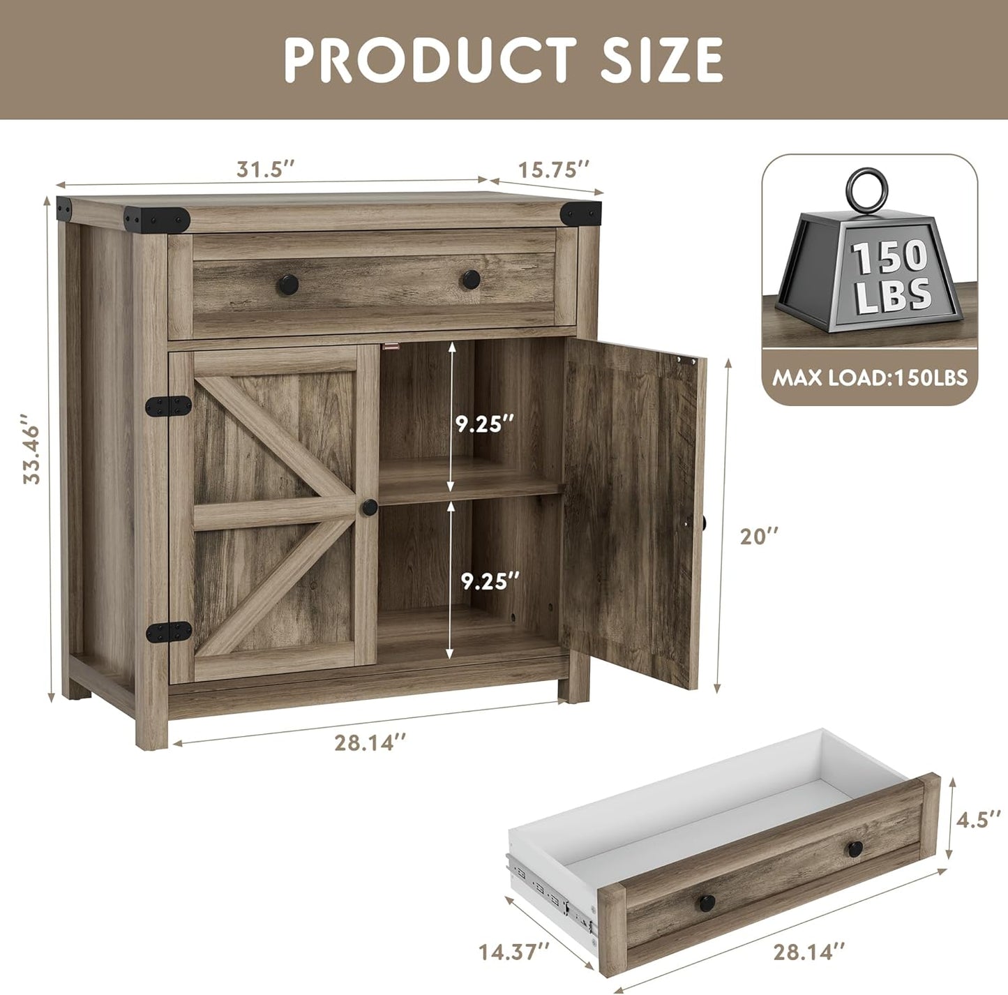 YESHOMY Farmhouse Coffee Bar Cabinet Sideboards, with Barn Doors, Spacious Drawer, Adjustable Interior Shelf, Generous Top Surface, for Kitchen, Bathroom, Entryway, Living Room, Pure Rustic