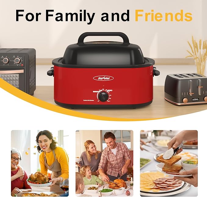 Sunvivi Roaster Oven, Electric Roaster Oven with Viewing Lid, 28lb 24-Quart Turkey Roaster with Unique Defrost/Warm Function, Large Roaster with Removable Pan & Rack, Stainless Steel, Red