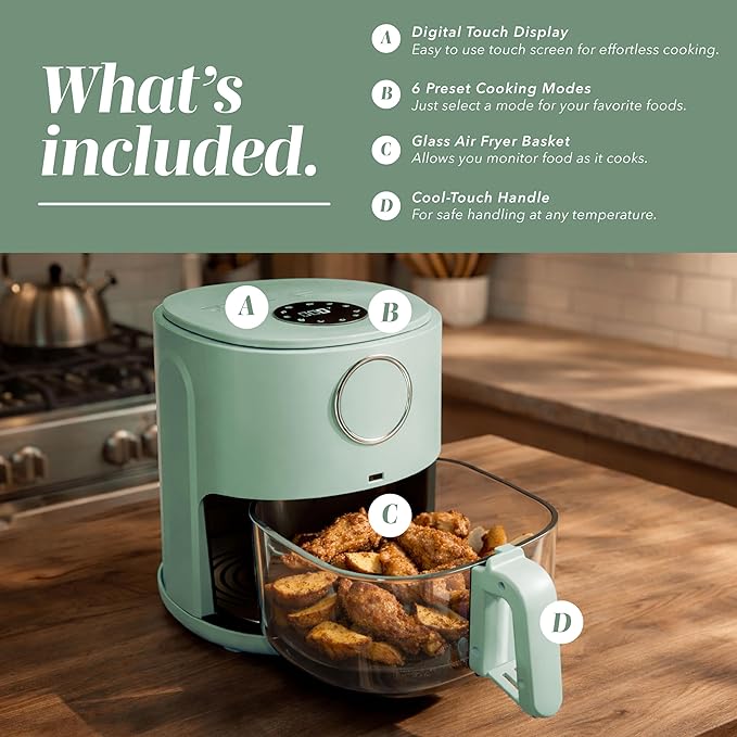 COOK WITH COLOR Colorful 1200W 4Qt Air Fryer: Glass Basket, Dishwasher Safe, 60min Timer, 6 Presets, Temp Control 175F-400F, 4 QT, Dark Sage