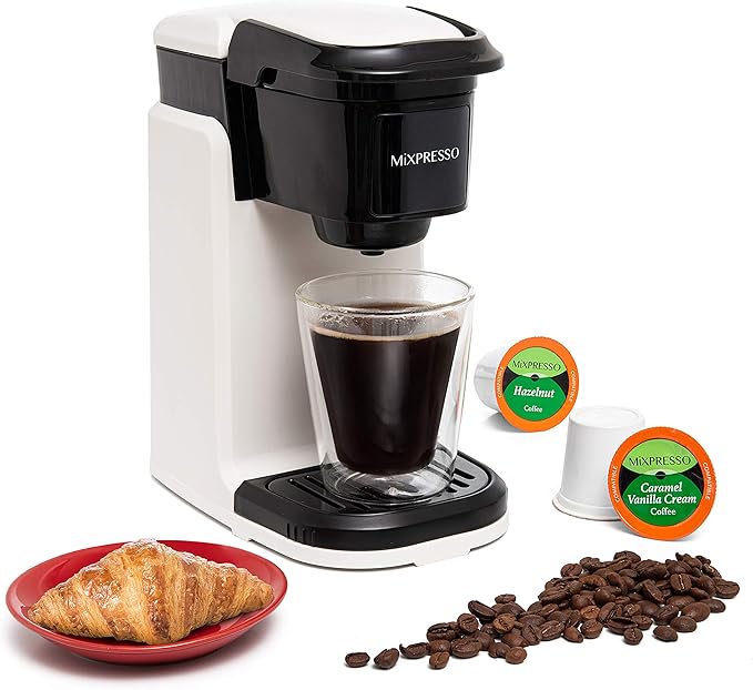 Mixpresso White Single Serve Coffee Maker for K Capsule, Compact Mini Coffee Maker 800 Watt Coffee Machine for Pods or Ground, Fast Brew, Auto Shut Off, 12 Oz Brew Size for Travel, Office, RV and Dorm