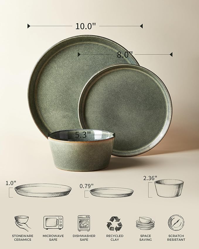 Pokini Dinnerware Sets, Microwave Safe Plates and Bowls Sets, Dishes Set for 4, Chip & Scratch Resistant Dinner Set, Reactive Glazed Farmhouse Dishware Sets, Green Wheat