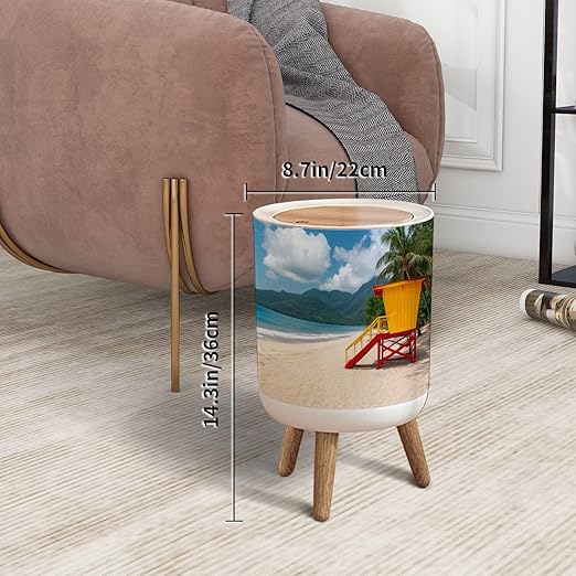 Trash Can with Lid maracas beach trinidad tobago lifeguard cabin empty beach maraca Press Top Round Small Garbage Bin with Wooden Legs Waste Basket for Kitchen Bedroom Nursery 7L/1.8 Gallon