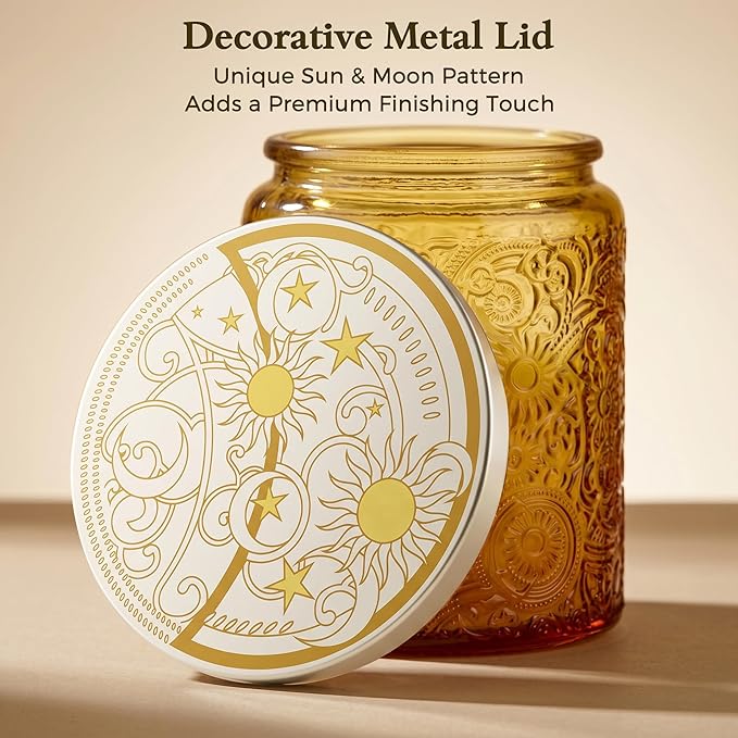 Art Secret 9-Pack 8oz Embossed Glass Candle Jars with Lids and Labels - Sun Moon Stars Design (Gray)