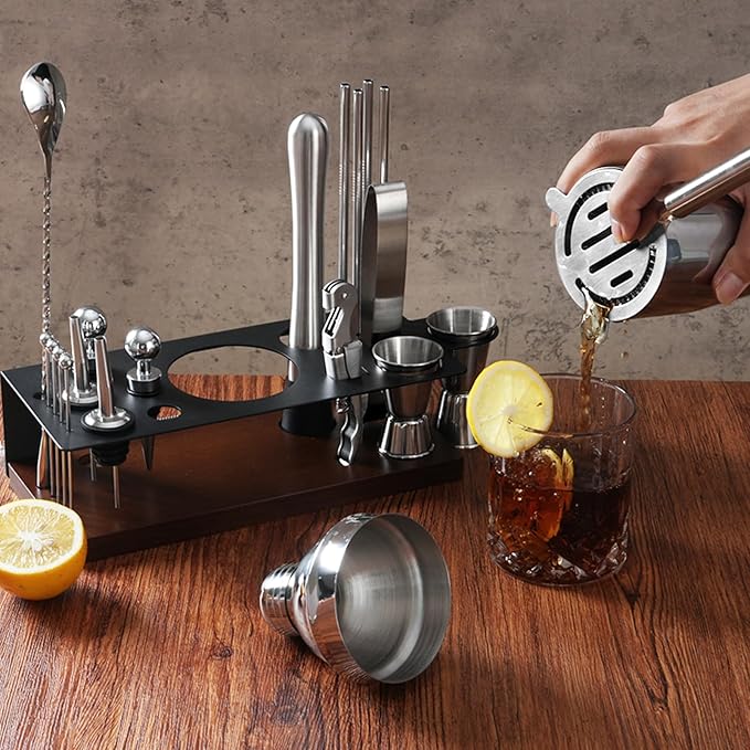 23-Piece Bartender Kit, Cocktail Shaker Set with Stand | Bar Set Drink Mixer Set with All Essential Bar Tools: Martini Shaker,Bar Mixer Spoon, Jigger, Strainer, Muddler, Pourers, for Home, Bar, Party