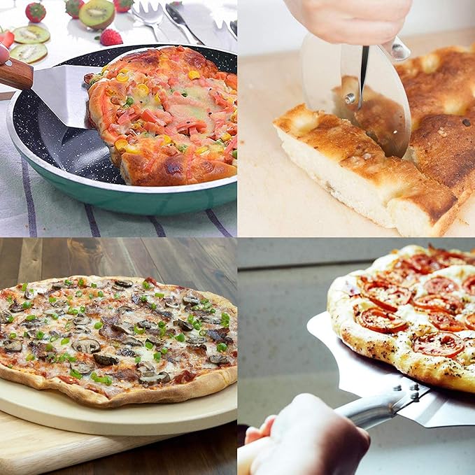 Onlyfire 4-Piece Pizza Stone Set – 15" Round Cordierite Baking Stone for Oven & Grill, 14"x16" Pizza Peel, Stainless Steel Spatula & Cutter – Complete Pizza Making Kit for Crispy Crust, Bread, BBQ