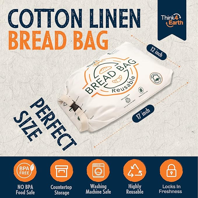 Think4Earth® - Reusable Organic Cotton Bread Bag for Homemade Loaves Large | Premium Quality Storage Bags - Unique Cotton Bags for Sourdough, Safe and Eco-Friendly (2 Units)