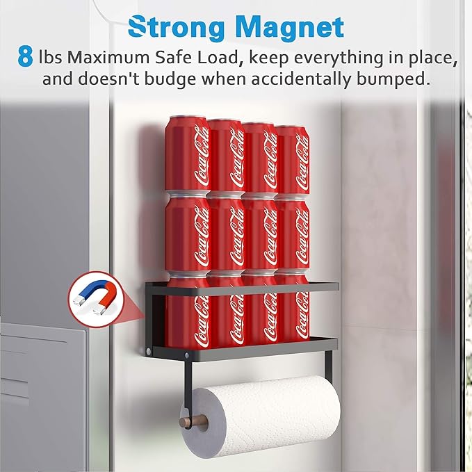 Thipoten Magnetic Spice Rack, 2-in-1 Foldable Strong Magnetic Shelf with Paper Towel Holder, Perfect Space Saver for Small Kitchen/Apartment, Easy to Install on the Side of Refrigerator(Black)